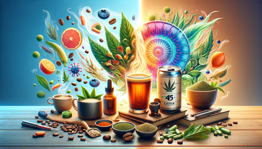 Vibrant contrast between natural MIT 45 energy boost and traditional caffeine sources, highlighting vitality and mental clarity.
