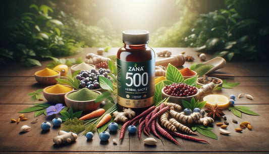 ZANA 500 HerbalShotz bottle surrounded by natural ingredients