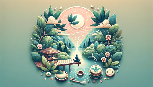 Serene image featuring kratom leaves and symbols of relaxation, evoking a sense of tranquility and stress relief