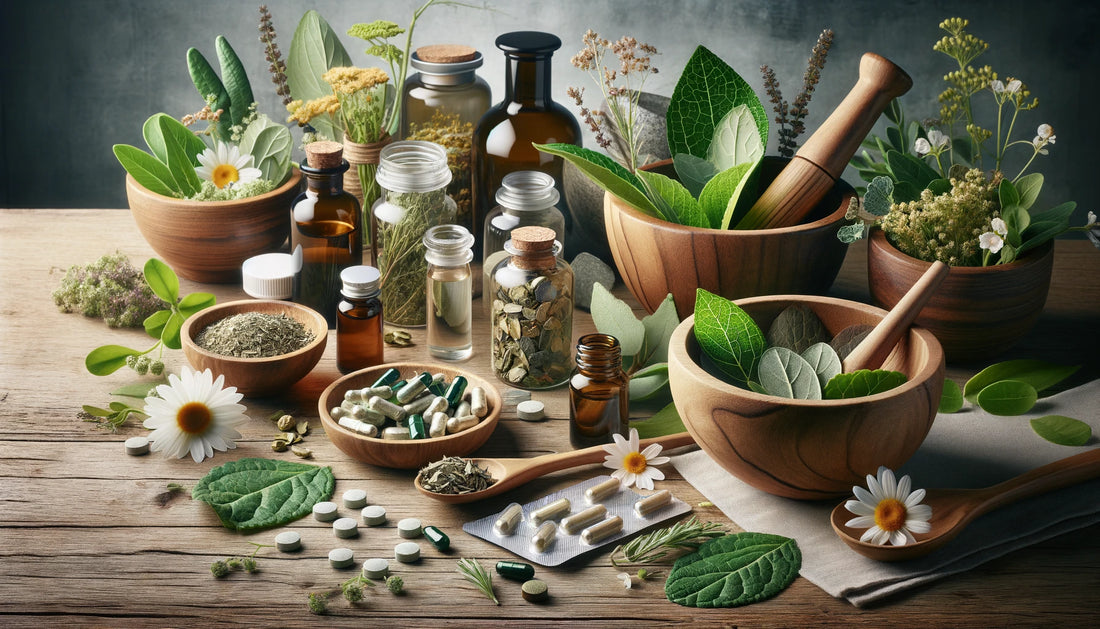 A serene and harmonious display of various herbal supplements including capsules, teas, and extracts