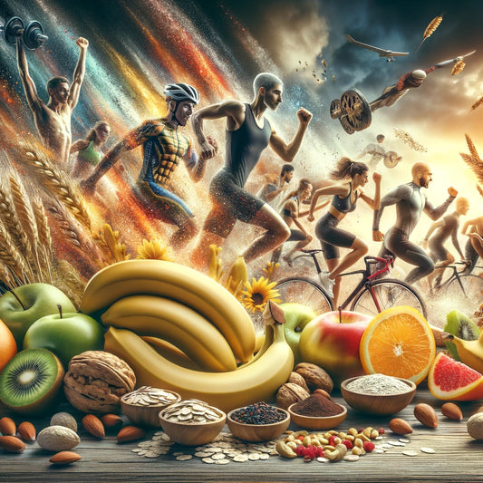 Vibrant depiction of fruits, nuts, and grains, merged with fitness elements