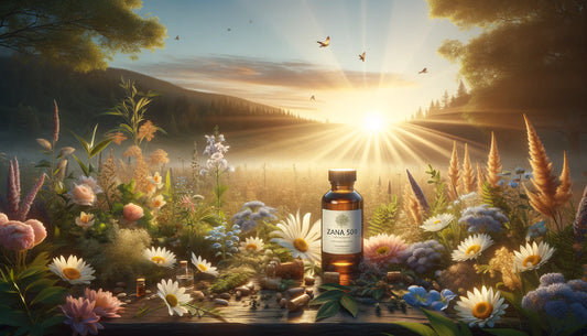 A dawn-lit meadow with Zana 500 among blooming flowers, casting a golden glow, symbolizing a serene journey towards herbal wellness