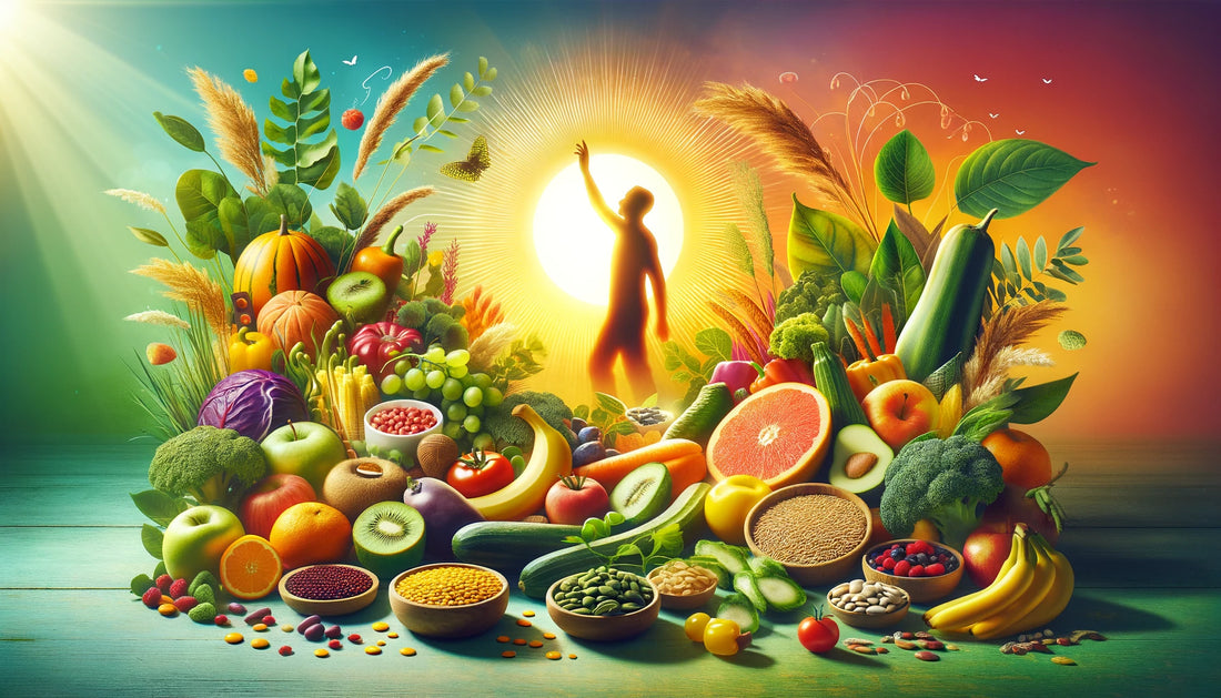 Engagement with plant-based nutrition, featuring a human shadow interacting with colorful fruits and vegetables