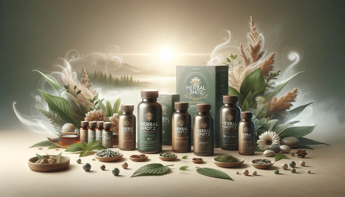 Sophisticated arrangement of Herbal Shotz products against an elegant, nature-inspired background, symbolizing premium natural health solutions.