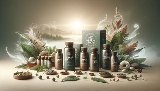 Sophisticated arrangement of Herbal Shotz products against an elegant, nature-inspired background, symbolizing premium natural health solutions.