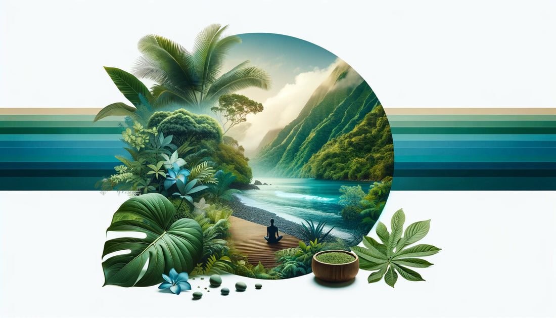 Captivating horizontal scene showcasing the lush greenery of the Pacific Islands, centered around the Kava plant, symbolizing peace and mental wellness.