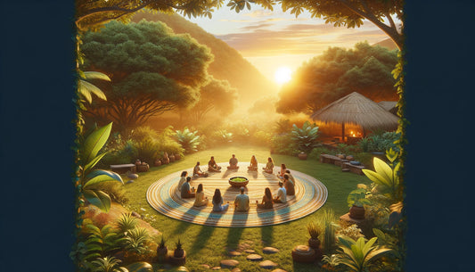 A serene outdoor gathering during golden hour, where people share kava in a circle, surrounded by lush greenery, embodying community and natural wellness