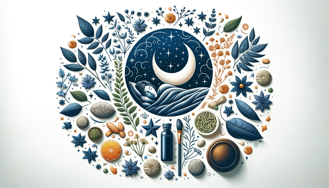 The serene power of natural sleep aids, depicted with a tranquil night sky, calming herbs, and a crescent moon, evoking deep rest and relaxation.