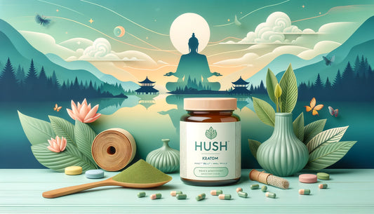 Serene depiction of Hush Kratom in a tranquil natural setting, embodying relaxation and mental wellness