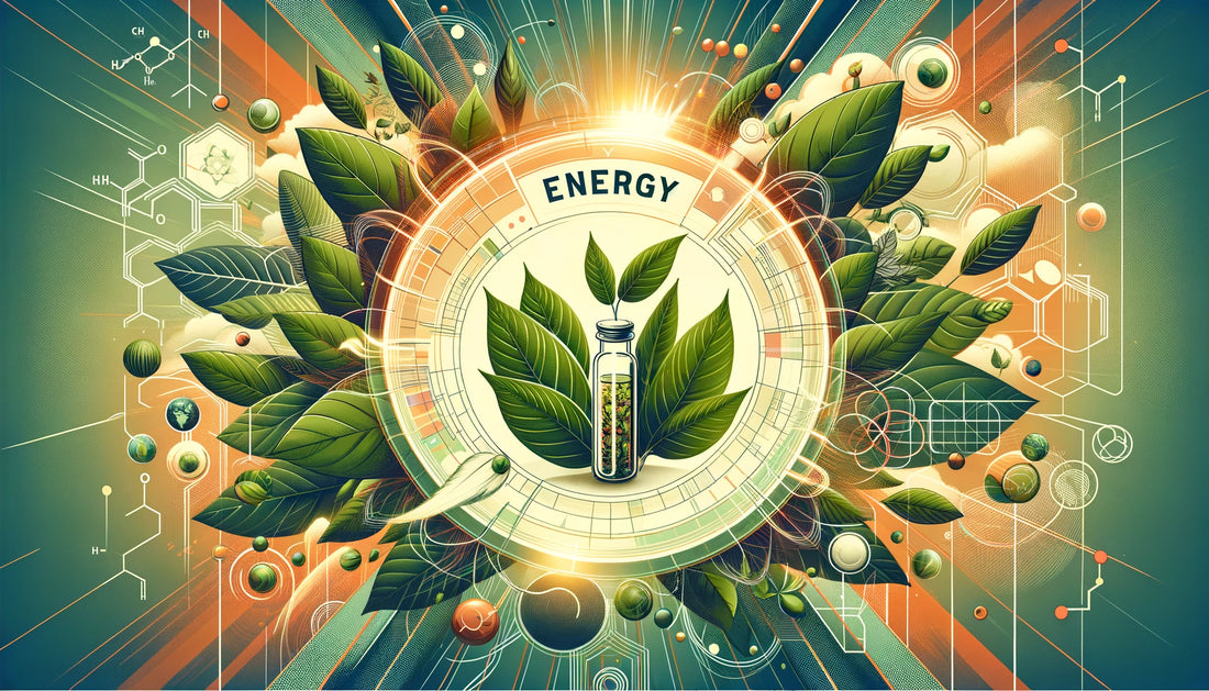 Harmonious blend of nature and science depicting kratom leaves, energy, and innovation for future energy enhancement.