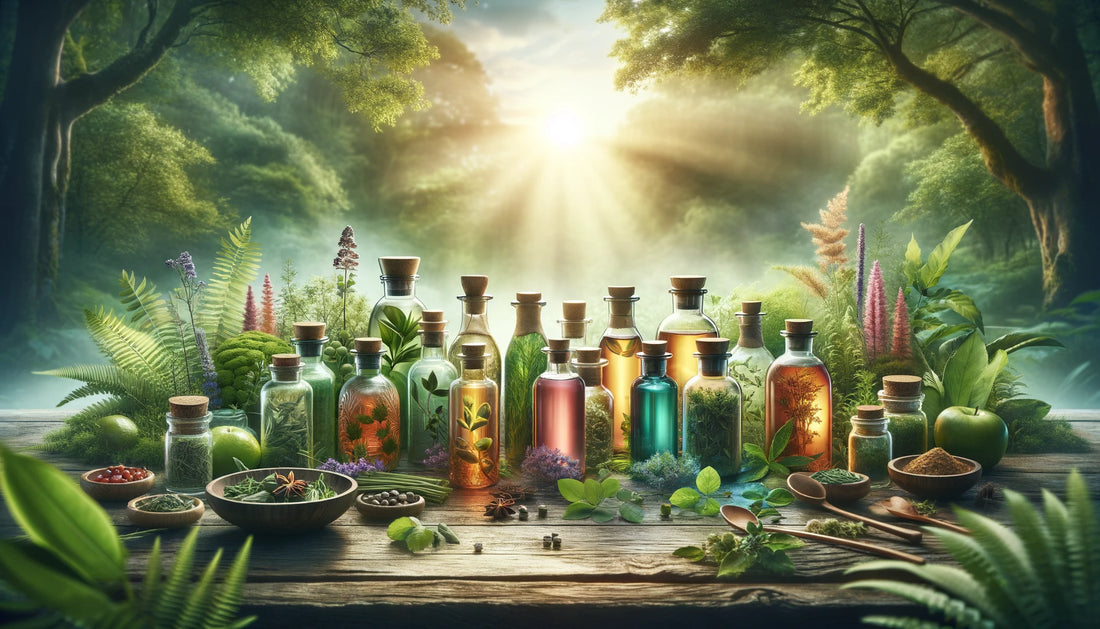 Array of herbal tonics surrounded by lush greenery and herbs, symbolizing the purity and holistic wellness of natural health solutions.