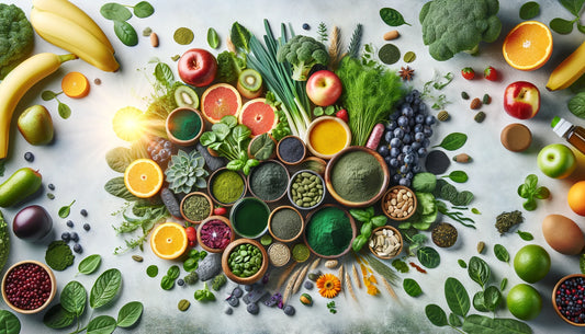 Herbal wellness in nutrition, with a blend of superfoods and healthy meals, evoking vitality and balance through natural, plant-based nutrition