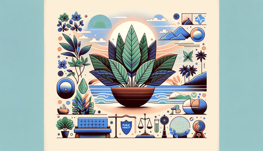 The calming effects of Kava on mental health, depicted with the Kava plant and peaceful nature, symbolizing its role in holistic and public health.