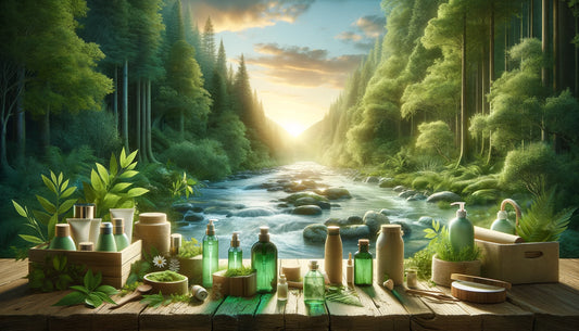 Eco-friendly wellness products in a lush forest, symbolizing harmony between health and environmental preservation