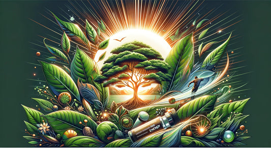 The essence of kratom's energizing benefits, depicted with vibrant green leaves and a dynamic burst of light, symbolizing a natural boost to daily energy routines