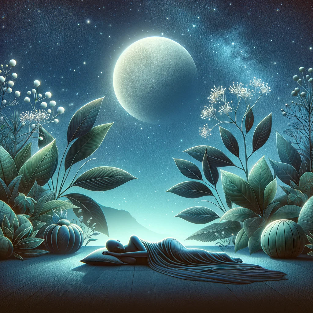 A serene and dreamy image depicting the tranquil essence of herbal sleep aids for peaceful sleep
