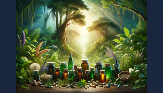 Herbal supplement bottles and tinctures amongst a dense, medicinal herb garden, reflecting holistic wellness without capsules.