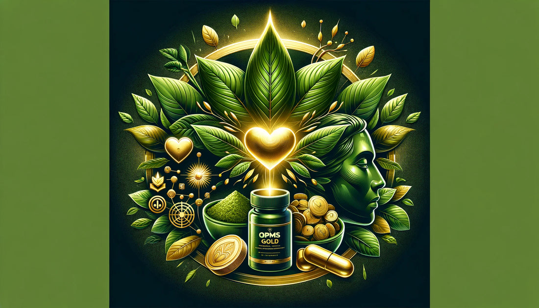 OPMS Gold Kratom benefits depicted with vibrant green leaves and wellness symbols, highlighting mental and physical well-being enhancement.