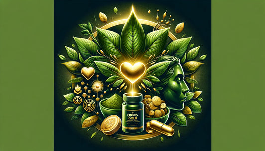 OPMS Gold Kratom benefits depicted with vibrant green leaves and wellness symbols, highlighting mental and physical well-being enhancement.