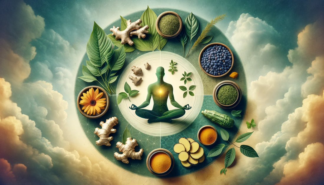 Serene illustration of kratom, ashwagandha, turmeric, and ginger in harmony, symbolizing the blend of natural remedies for enhanced holistic health.