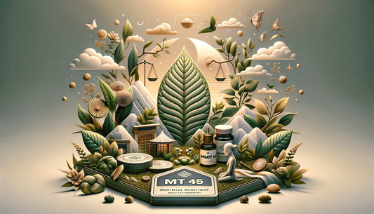 MIT 45 Kratom's role in mental health management depicted with serene nature and mental harmony symbols, emphasizing mood enhancement and stress relief.