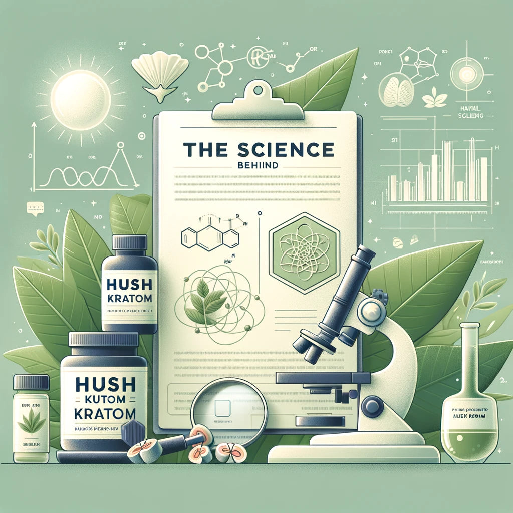 Scientific elements and Hush Kratom products, symbolizing the research-backed benefits of natural wellness