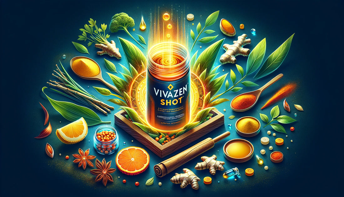 Illustration of VivaZen Shot's key ingredients Ashwagandha, Turmeric, and Ginger, symbolizing natural energy and holistic wellness.